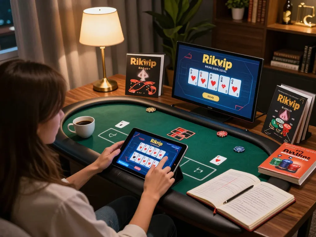 Player engaging in rikvip online poker game on tablet in cozy living room