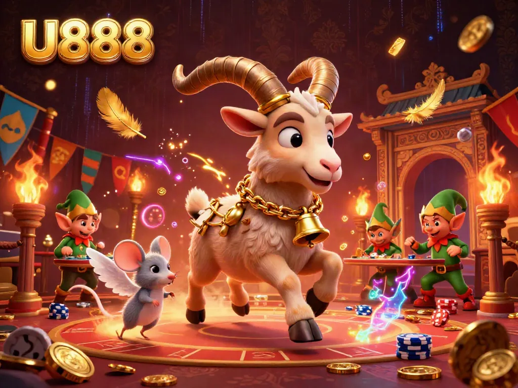 Experience thrilling gameplay at U888 with cartoon Krampus in a lively casino packed with magical details.