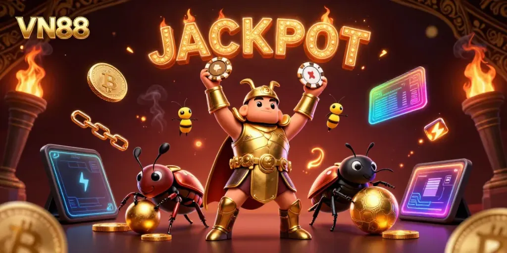 Engaging scene of VN88's gaming promotions, featuring a victorious hercules beetle in armor with crypto coins and dynamic gaming themes.