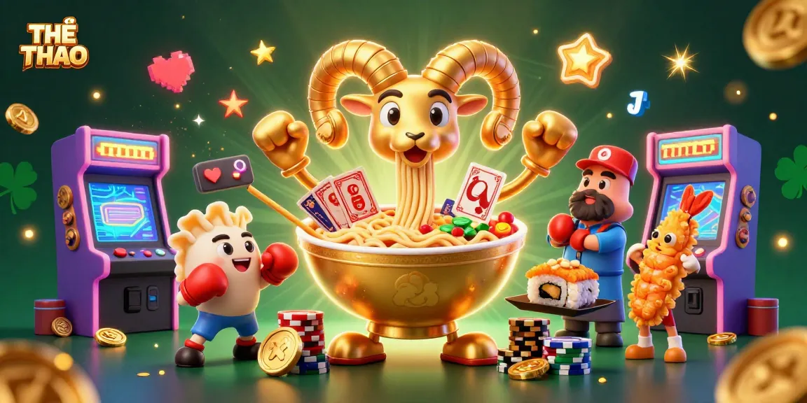 Engaging THỂ THAO-themed illustration of a casino scene with a golden ramen bowl character and vibrant gaming elements.