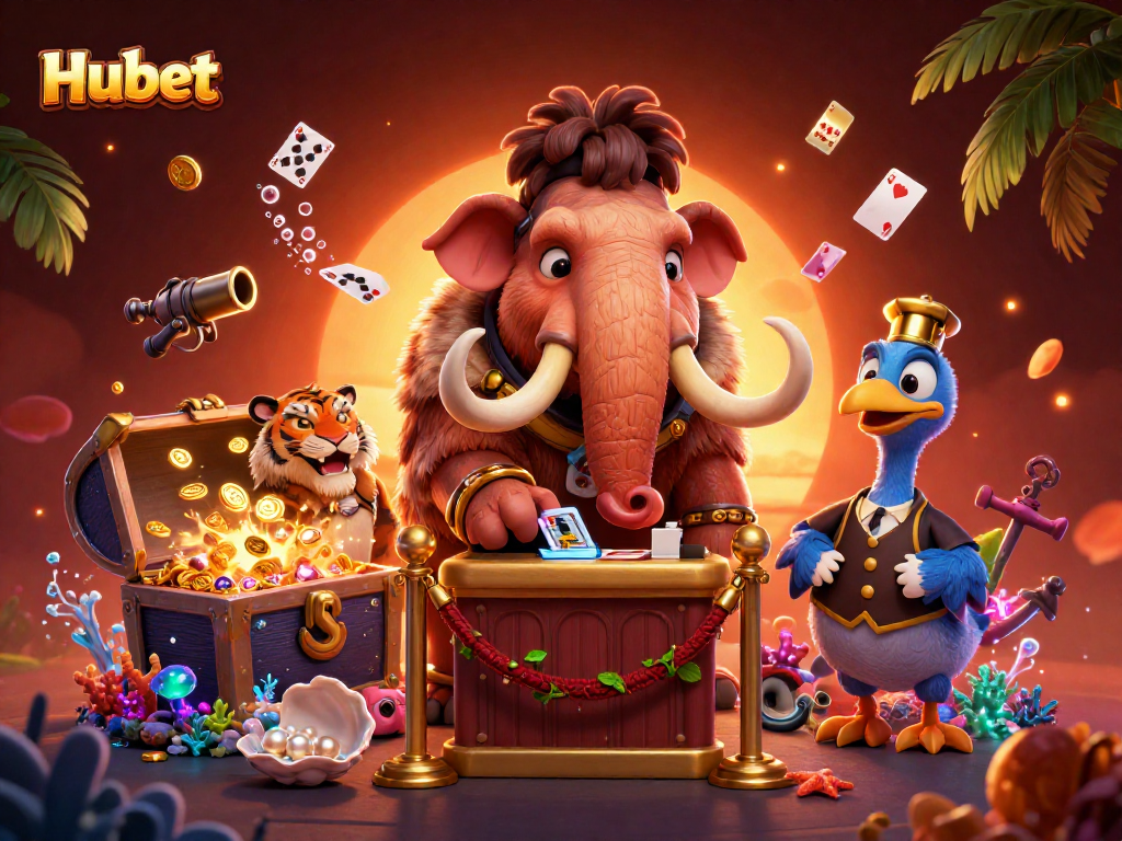 Hubet casino bouncer checks IDs at the entrance, surrounded by treasure and vibrant decorations.