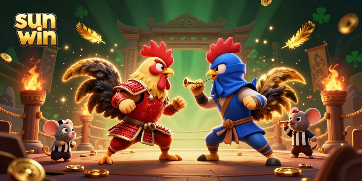 Engage in thrilling battles with sun win's roosters in dramatic 3D settings, showcasing epic gambling elements.
