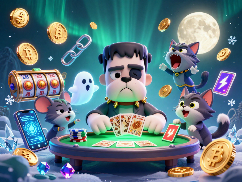 Place bets and play to win at S8, where a cartoon bulldog dealer serves up excitement with casino chips and spooky vibes.