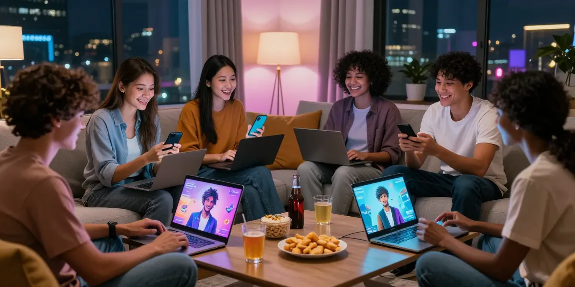 Engaging scene of friends interacting with nsfw character ai on various devices, showcasing modern digital companionship.