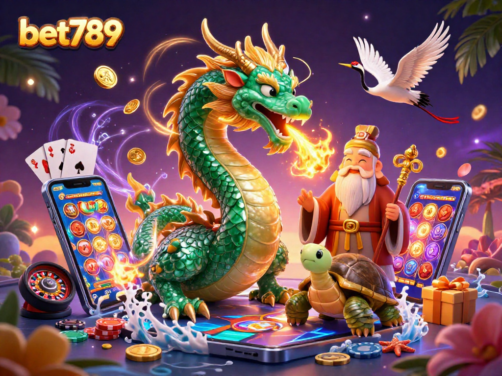 Experience the thrilling world of bet789 with an epic scene featuring a jade dragon and a turtle sage amidst vibrant casino elements.