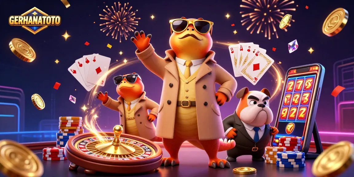 GERHANATOTO menampilkan tiga raptor dalam jas yang berusaha memasuki lounge VIP kasino yang ramai.