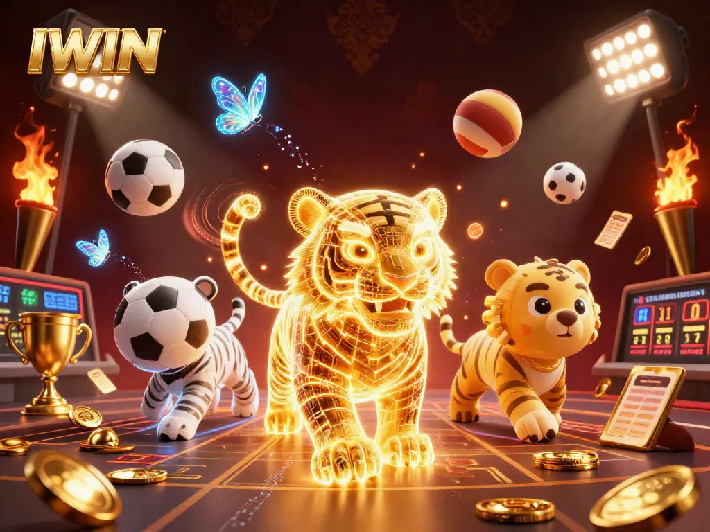 IWIN reveals a vibrant casino scene with a golden tiger and dynamic sports elements.