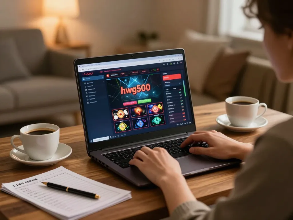 Player enjoying hwg500 online casino with laptop, coffee, and strategy notes in cozy setting.