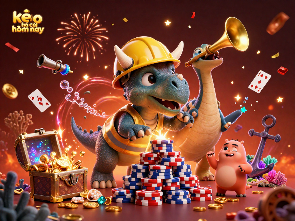Cheerful triceratops celebrating kèo nhà cái hôm nay with poker chips and festive confetti
