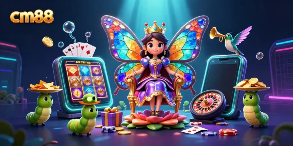 Experience cm88 with a vibrant casino-themed illustration of a butterfly queen and gaming elements.