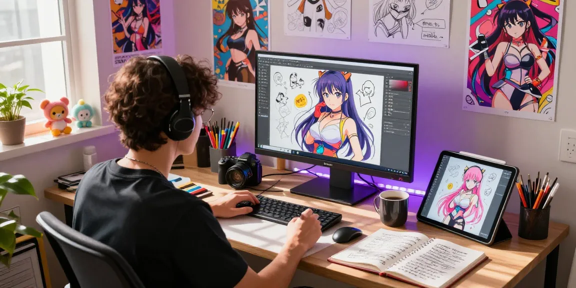 Artist creating captivating ai ecchi artwork in a colorful studio, showcasing creativity with sketches and digital tools.