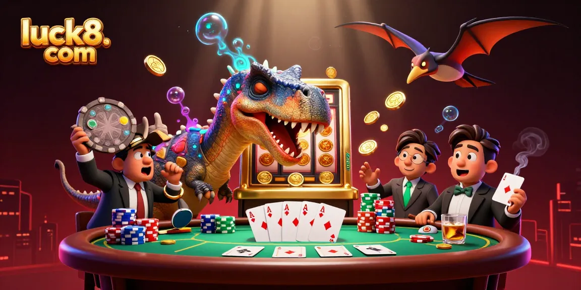 Engage with luck8. com by witnessing a vibrant 3D casino scene showcasing playful dinosaurs in action!