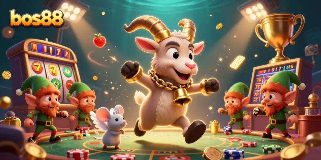 Experience winning with bos88 in a holiday-themed casino scene featuring lively characters and playful gambling elements.