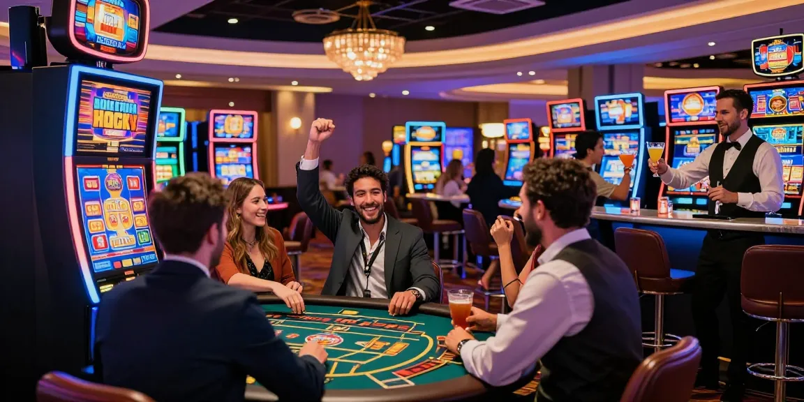 Celebrazione presso casino non AAMS con giocatori che si divertono nei giochi, atmosfera vivace e decorazioni entusiasmanti.