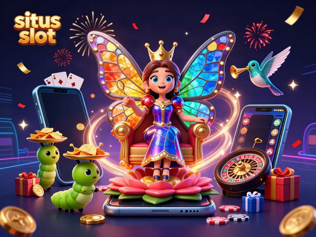 Experience the excitement of situs slot with a vibrant 3D casino-themed illustration featuring colorful elements.