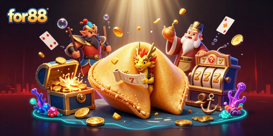 Experience thrilling wins with for88's golden fortune cookie scene in this captivating casino illustration.