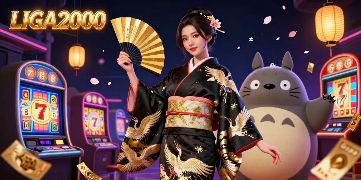LIGA2000 menampilkan suasana kasino yang menarik dengan gulungan slot dan karakter yang cerah, menangkap kegembiraan bermain game.