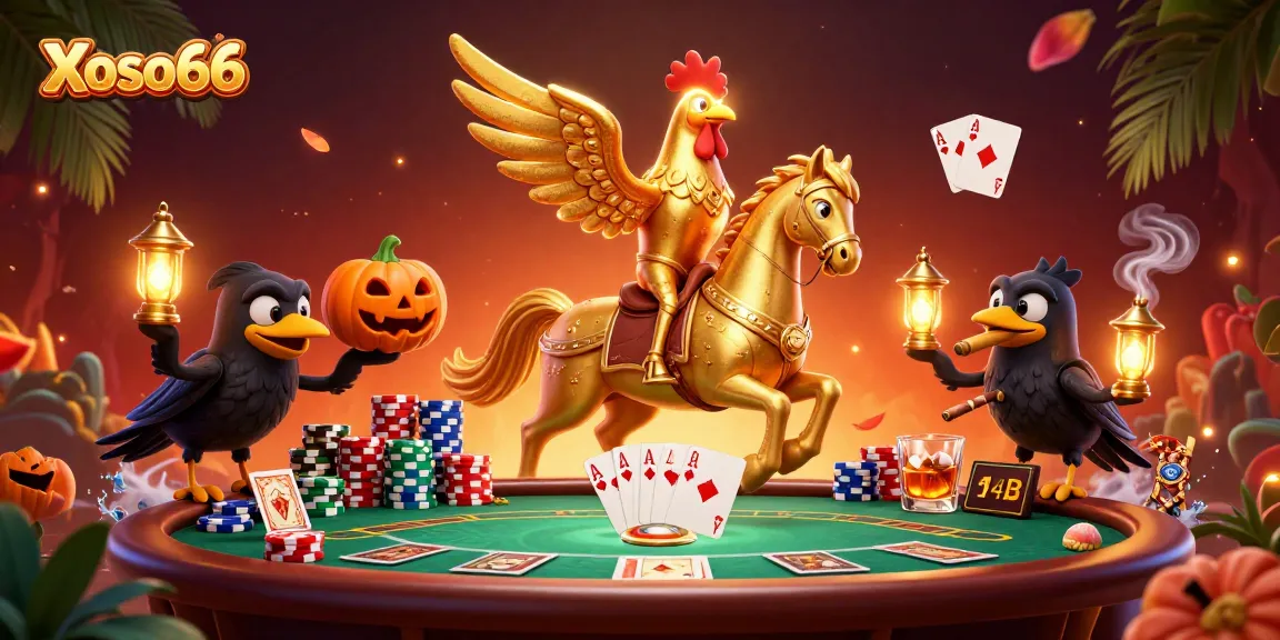 Experience thrilling gameplay at Xoso66 with golden rooster characters amidst a dynamic casino scene.