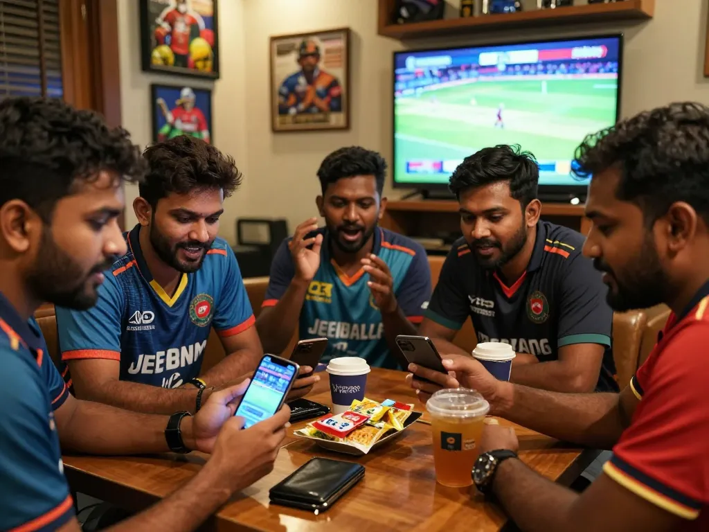 Fans engaging in JeetBangla cricket betting while watching live cricket matches on their smartphones, filled with excitement.
