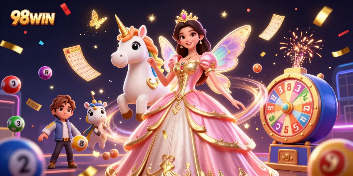 Engage with 98WIN through a magical scene featuring exciting lottery elements and a glamorous character.