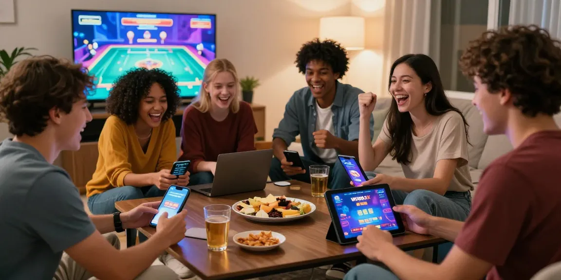 Group of friends playing games on Winbox Asia platform at home