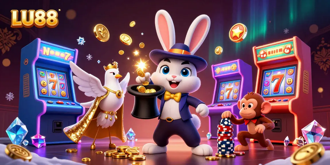 Engage with LU88's exciting world of gambling featuring vibrant 3D characters enjoying slots and poker.