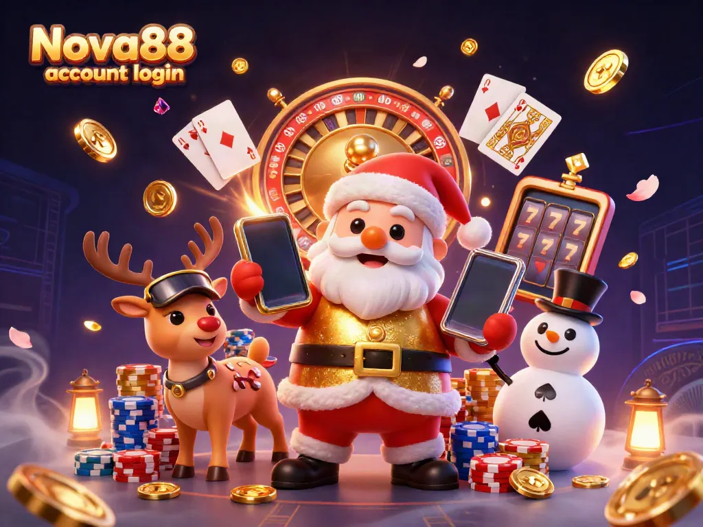 Experience Nova88 account login with Santa, a reindeer dealer, and poker chip snowman in a vibrant casino scene.