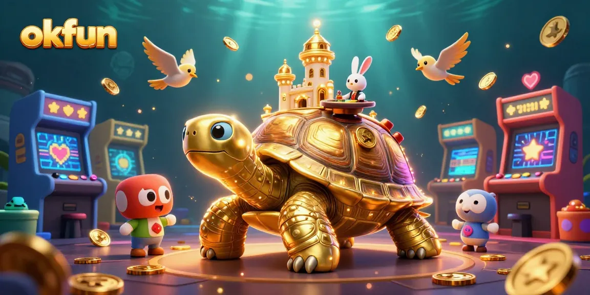 Spin reels and win big at okfun, featuring a vibrant 3D casino scene with a tortoise and rabbit dealer.