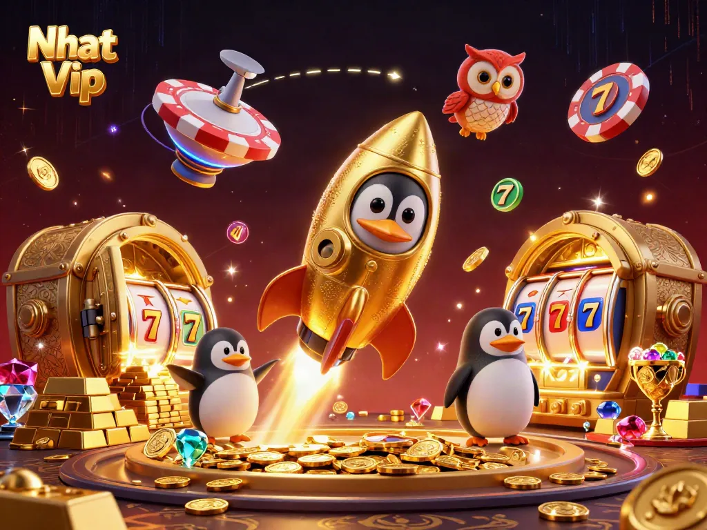 Nhat Vip-themed illustration showcasing a rocket penguin, casino elements, and vibrant gold treasures.