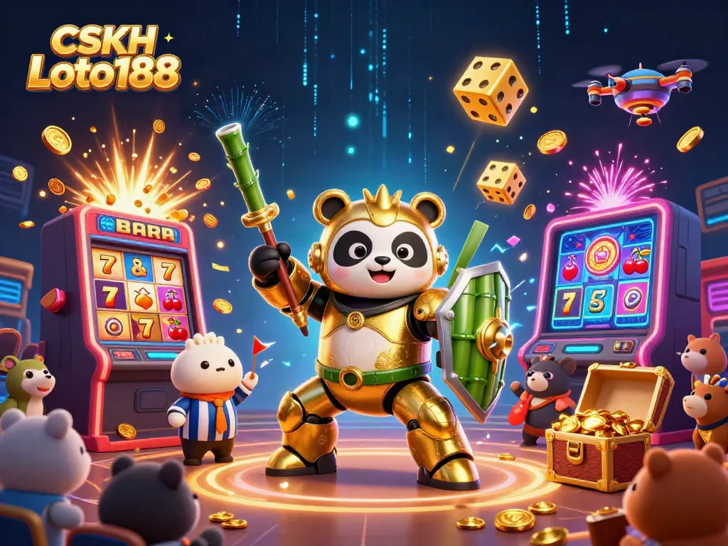 Experience the excitement of CSKH Loto188 with a dynamic casino-themed 3D illustration featuring colorful game elements.