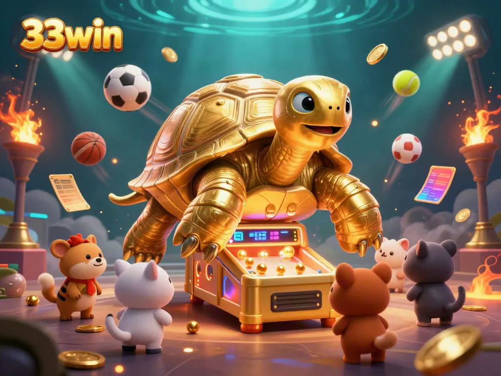 Engaging scene of 33win featuring a colossal golden tortoise and sports elements, capturing the excitement of online gaming.