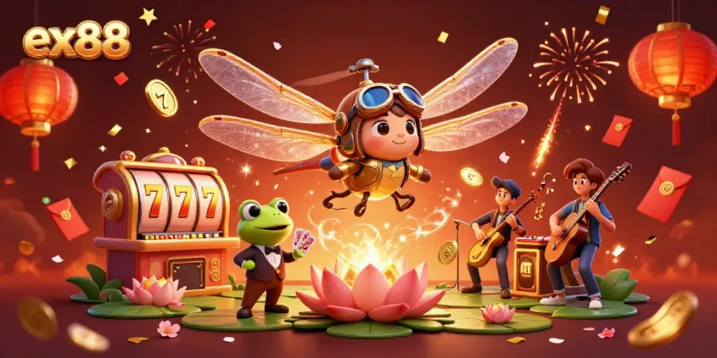 Experience the excitement of ex88 as a dragonfly pilot hovers over a vibrant casino scene with dynamic slot reels.