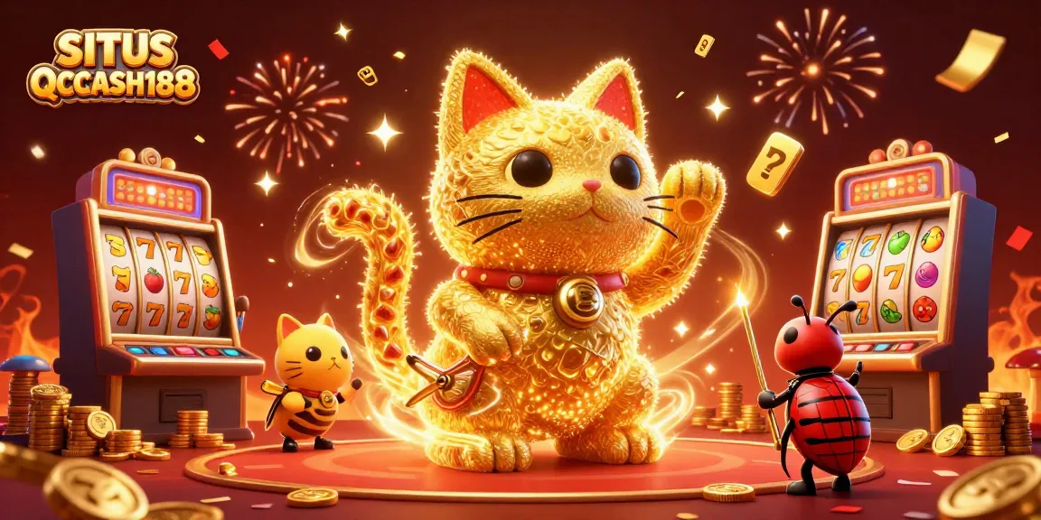 Experience gaming excitement at SITUS QQCASH188 with a vibrant illustration of a lucky cat and golden fireflies.