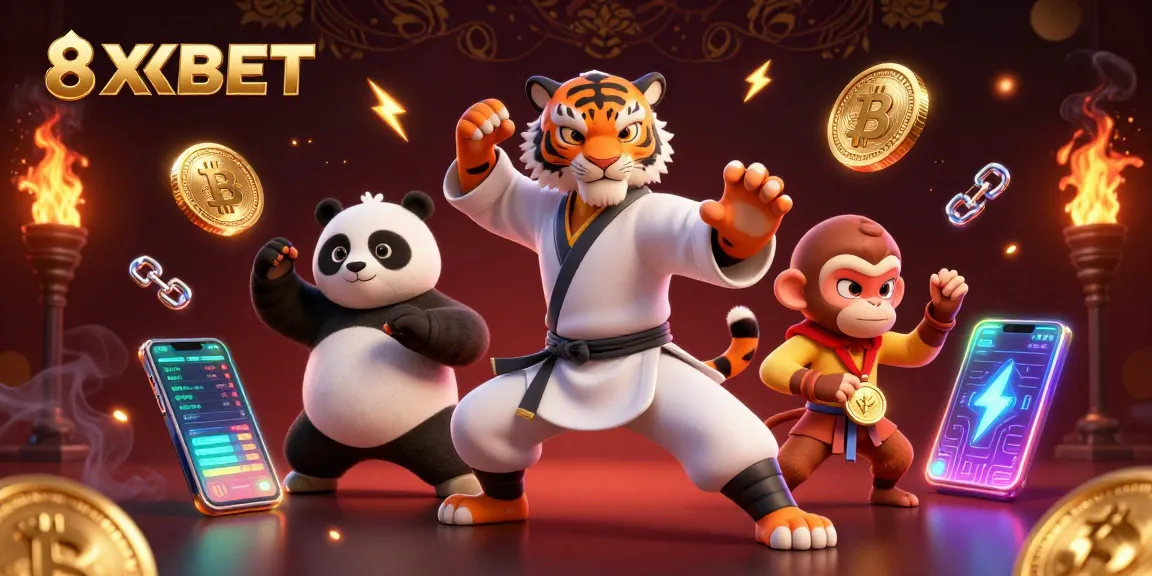 Engage in thrilling action at 8XBET with vibrant 3D characters surrounded by cryptocurrencies.