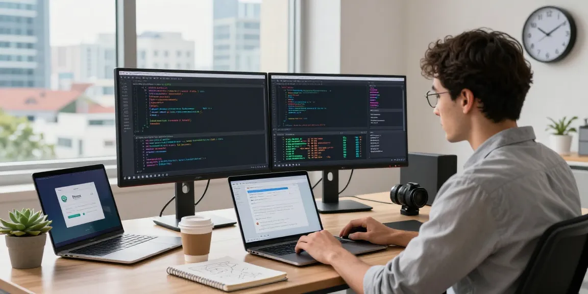 快连 network optimization software setup, showcasing modern tech workspace with developer coding and vibrant city backdrop.