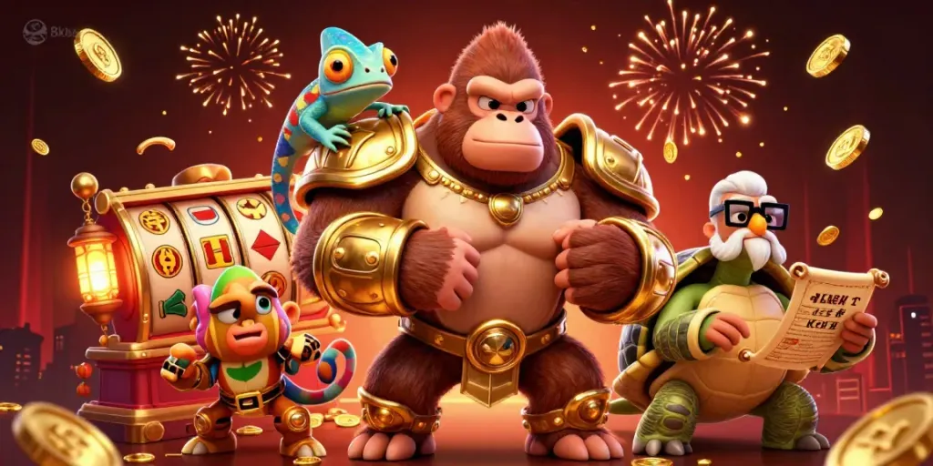 Engage in thrilling gameplay with 8kbet featuring a powerful gorilla king amidst dynamic casino elements.