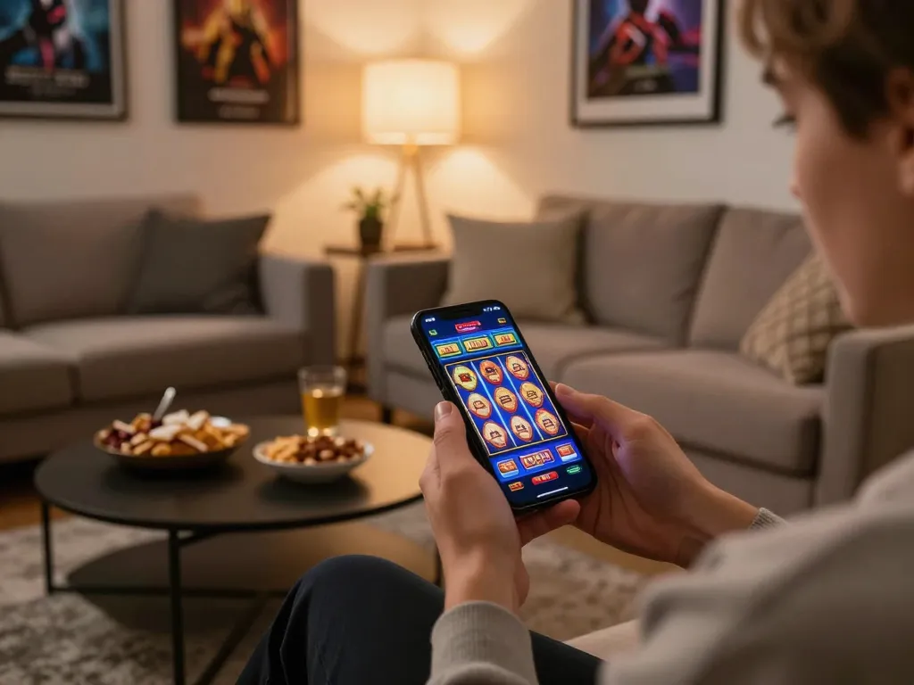 sunwingo player engaged in mobile gaming on a smartphone app in a cozy living room setting