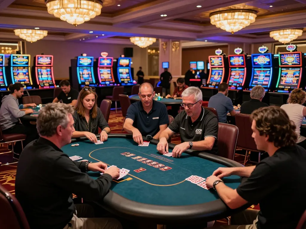 Players enjoying high-stakes poker at the premier Okfun casino, reflecting excitement and strategic gameplay.