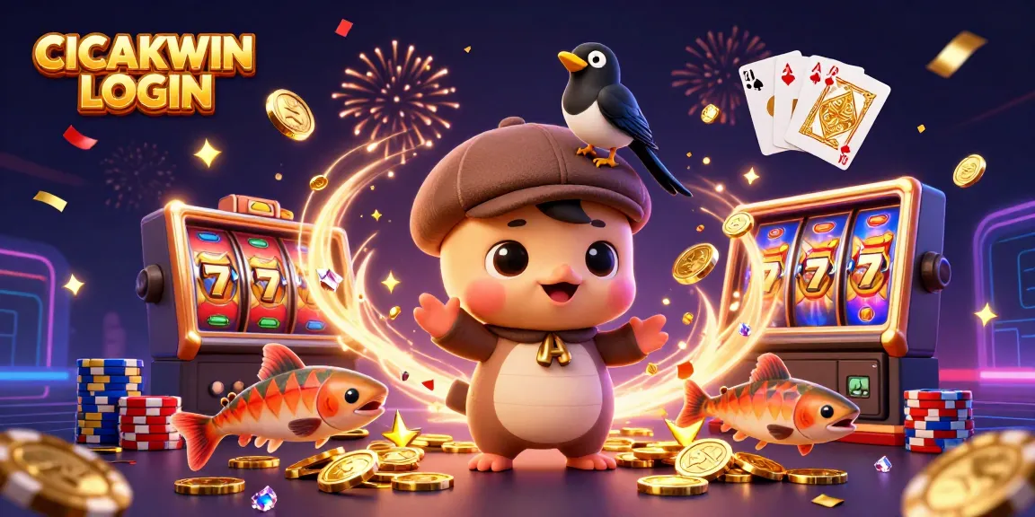 CICAKWIN LOGIN showcases baby Nessie with a magpie and salmon in a vibrant casino scene, promoting thrilling slot action.