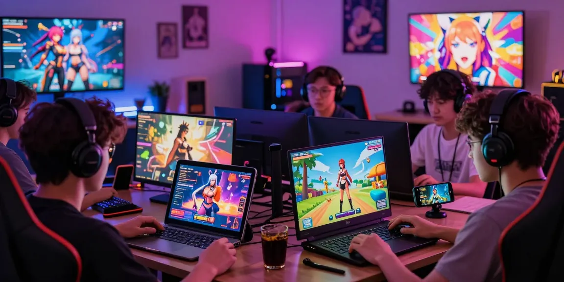 Diverse players engaging in lewdspot adult gaming on multiple devices in a colorful environment