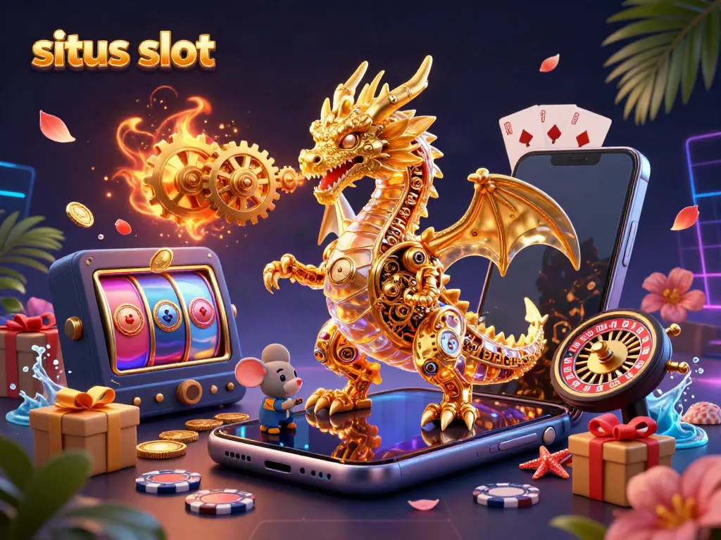 Engage with situs slot through captivating 3D illustration showcasing a golden dragon and vibrant casino elements.