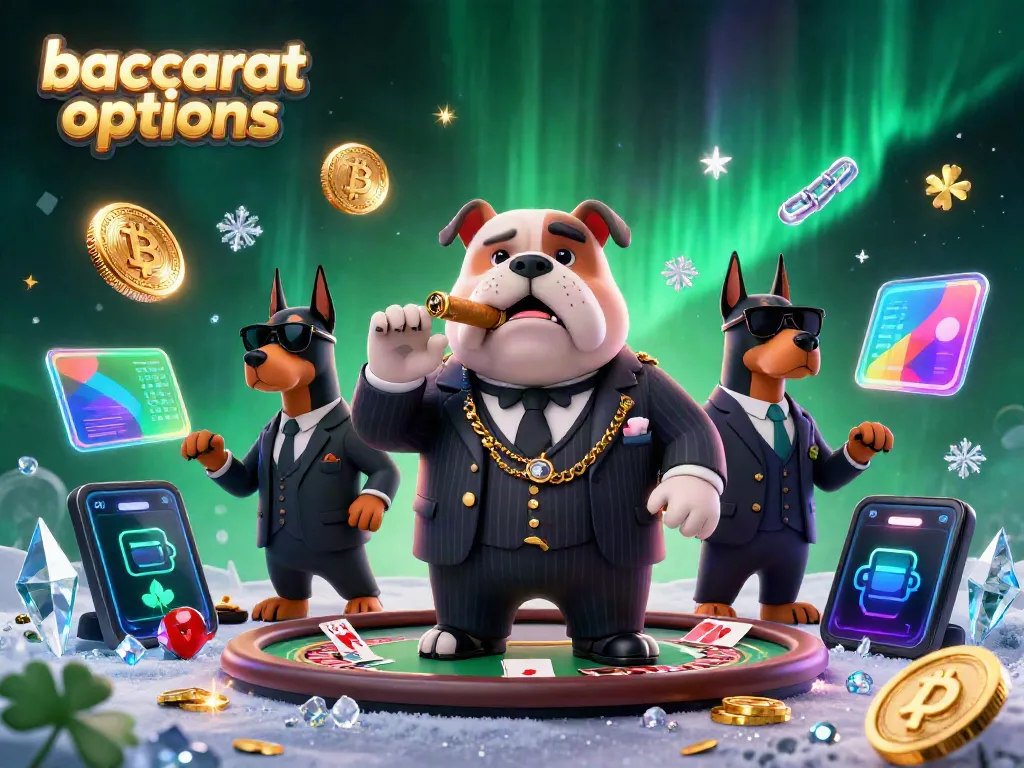 Engaging baccarat options scene with a mafia bulldog and bodyguards, set in a vibrant casino.