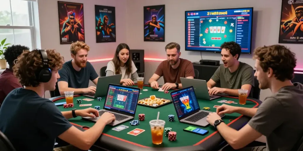 Friends enjoying the vibrant 3 Patti no1 online gaming experience with cards and chips.
