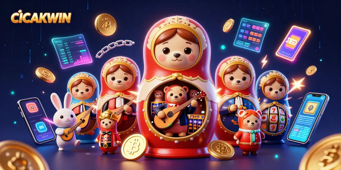 CICAKWIN showcases an engaging 3D illustration depicting dynamic slot game elements and festive characters.