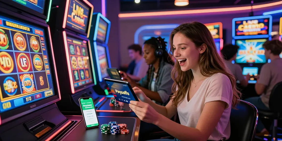 Begeisterte Spieler in einem Paysafe-Karten-Casino, die mit digitalen Spielen interagieren, Geräte verwenden und farbenfrohe Grafiken in einer lebhaften Atmosphäre genießen.