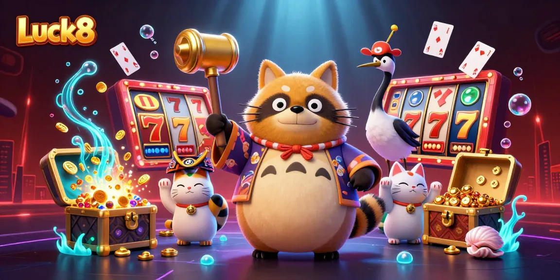 Experience the thrill of winning at Luck8 with vibrant casino illustrations featuring lucky symbols and festive characters.