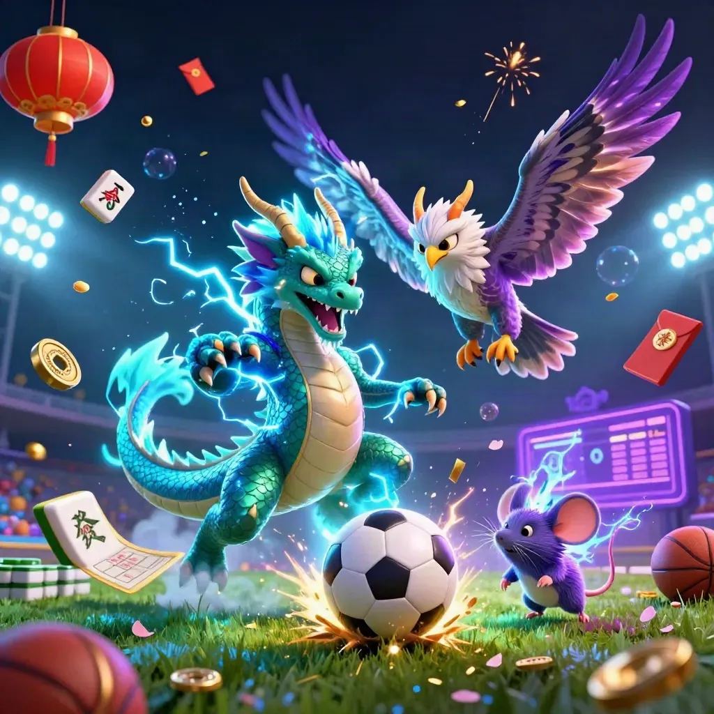 Neon fantasy sports burst with dragon, hawk, mouse, balls, coins, lightning on dark navy.