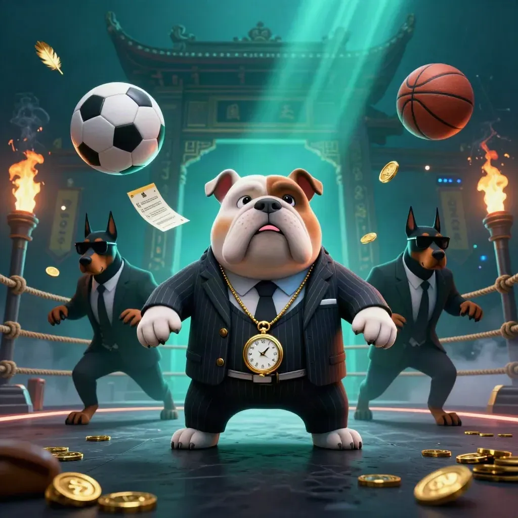 Bulldog and Dobermans in a casino fight-ring with balls, coins, and torchlight.