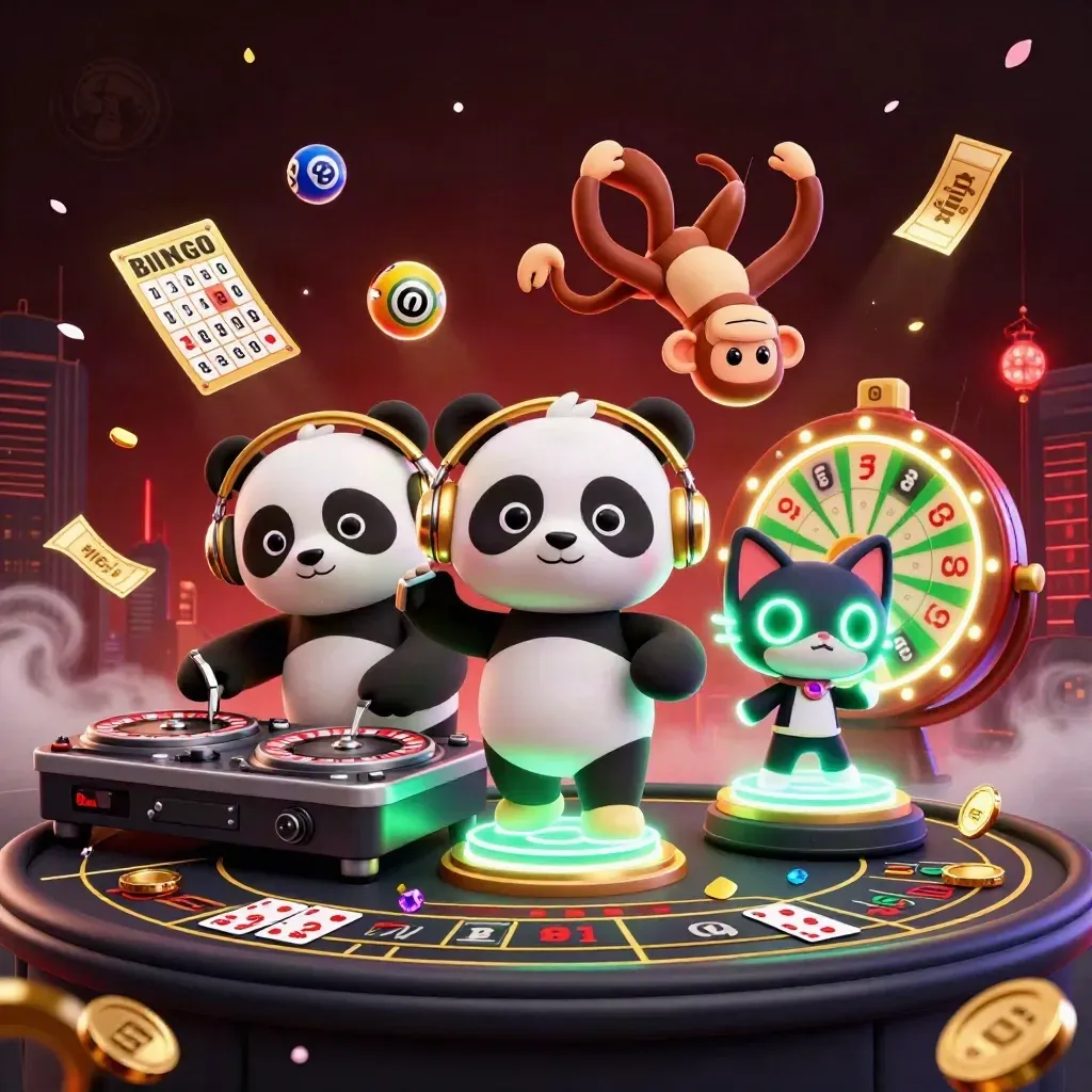 Neon casino art with DJ panda, breakdancing monkey, glow kitten, and spinning gold game props.