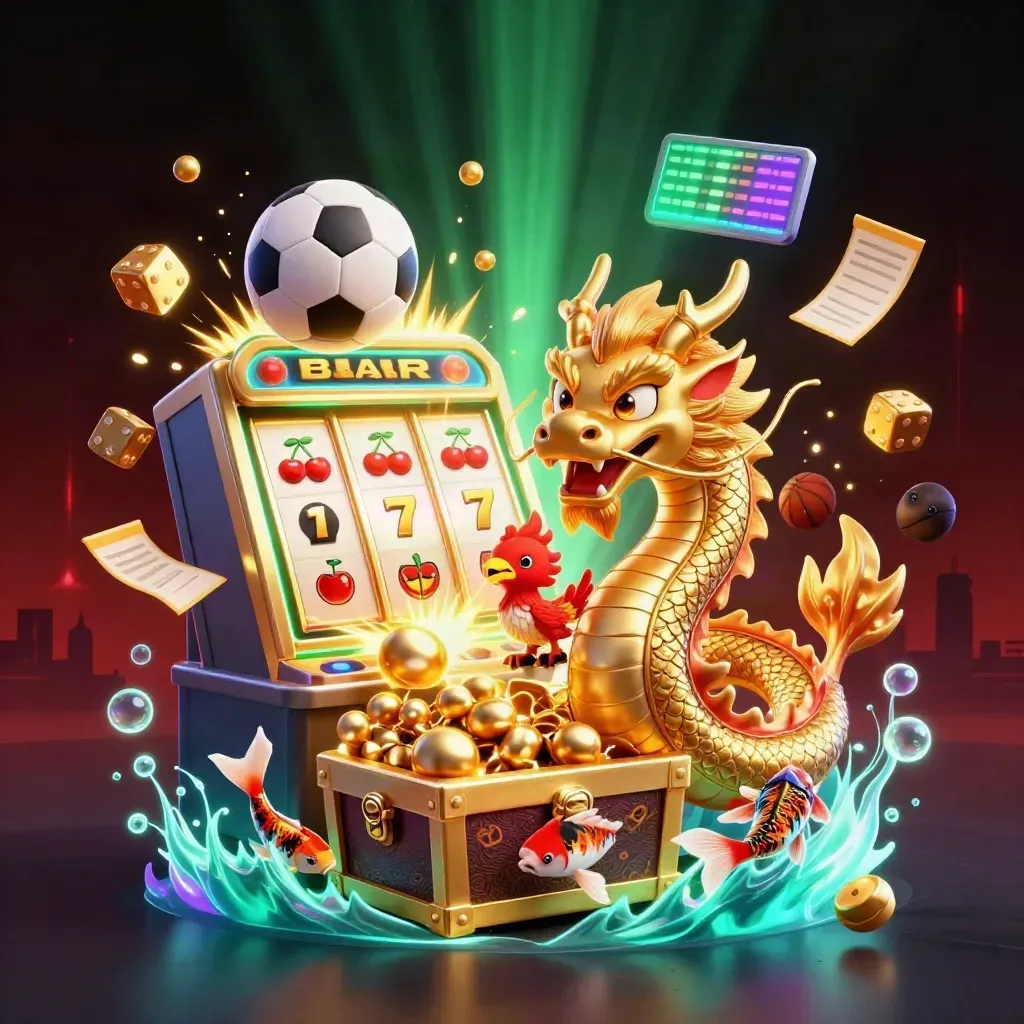 Golden dragon and phoenix amid slot burst, sports balls, and neon casino light.